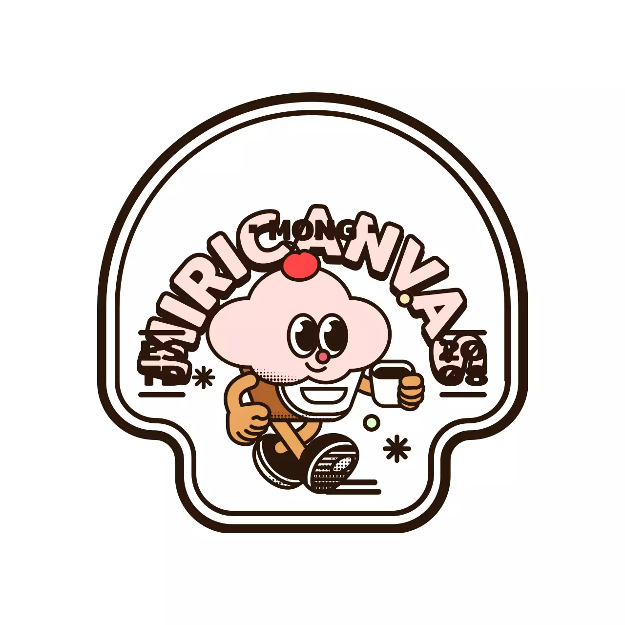 ピンクと茶色の丸くてかわいいカップケーキキャラクターロゴスタイルのカフェ用