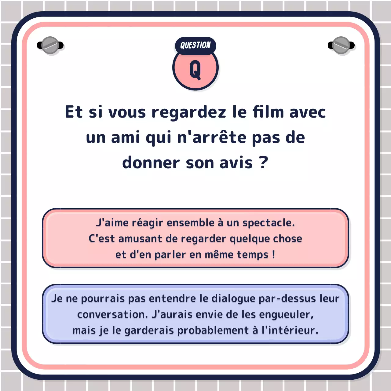 Test quiz simple piloté par le texte en rose mauve marine