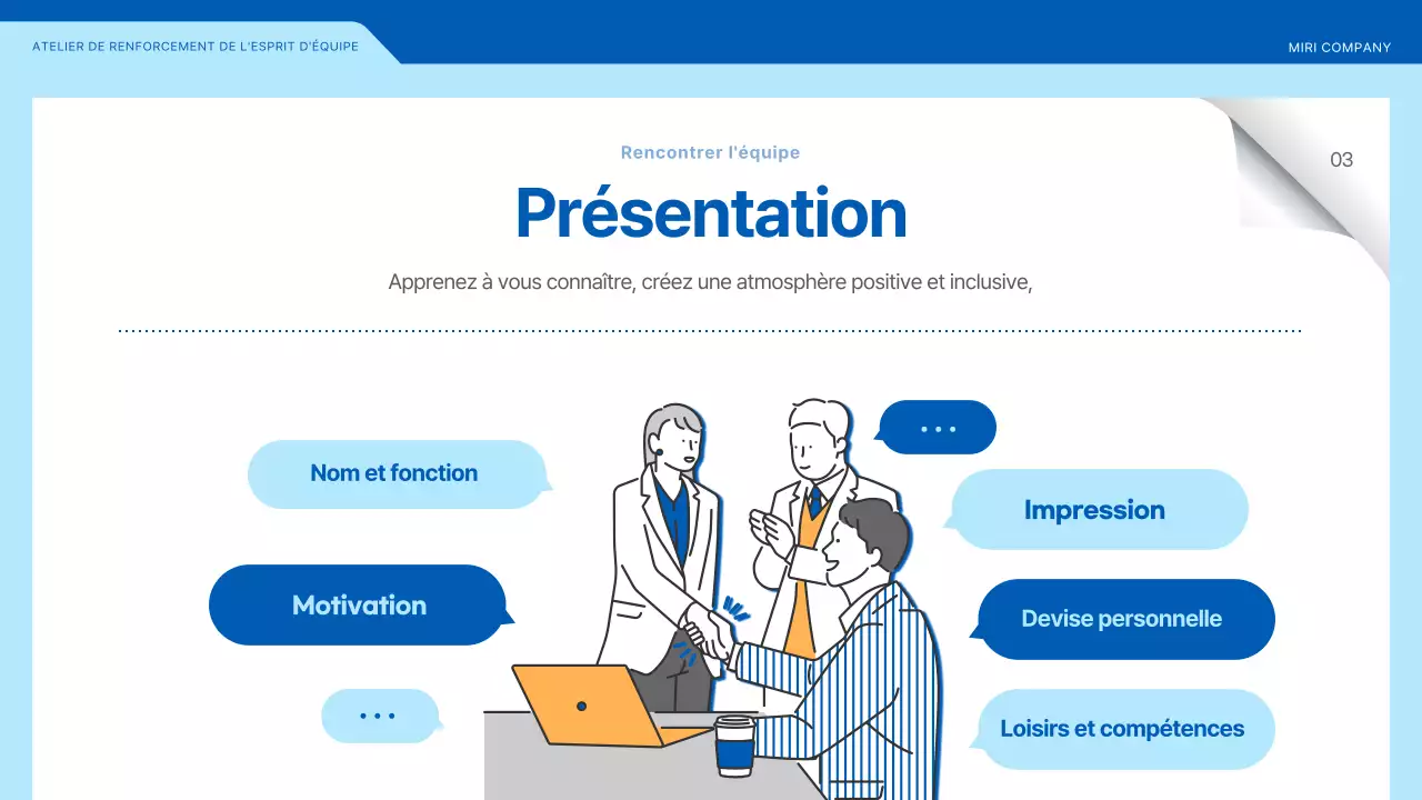 Atelier de team building mettant en valeur les illustrations en bleu et jaune