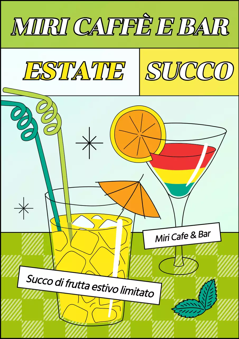 Presentazione del succo di stagione estivo con un divertente concetto di illustrazione in giallo e chartreuse