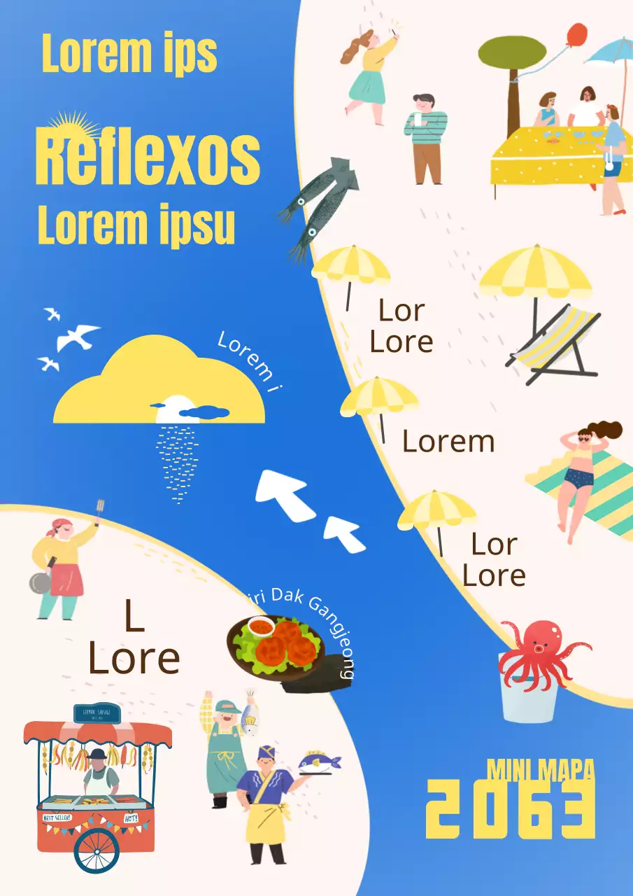 Mapa minimapa de destino de paisagem marítima azul e amarela