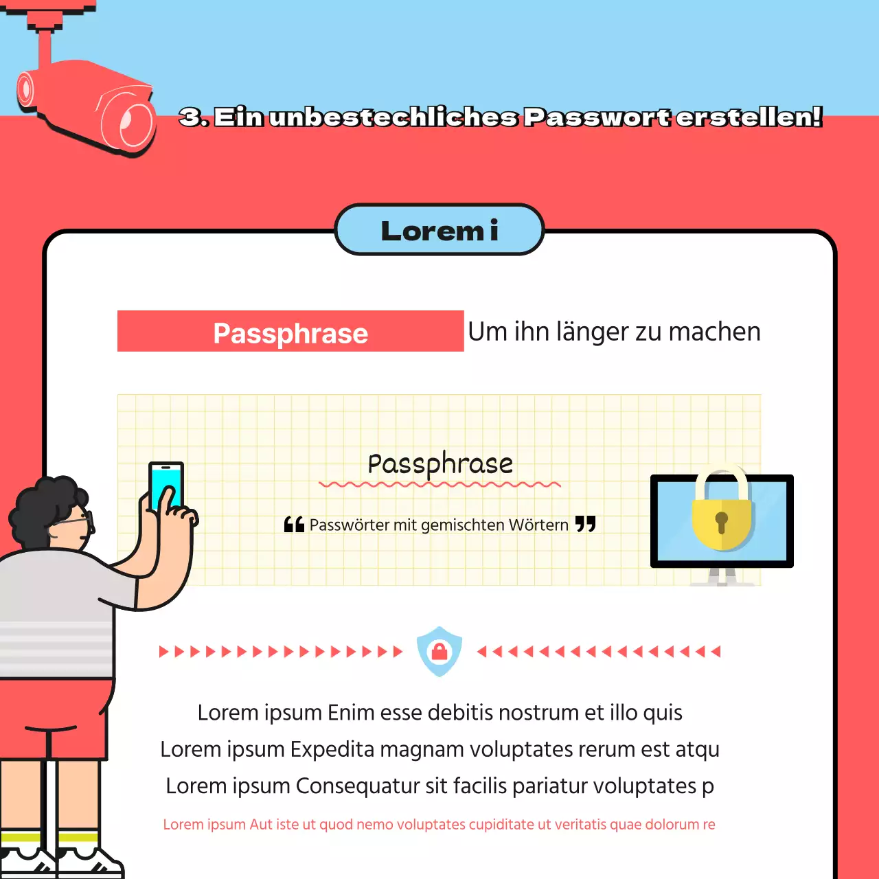 Kampagne zur Informationssicherheit durch ein sicheres Passwort mit roter und hellblauer Illustration