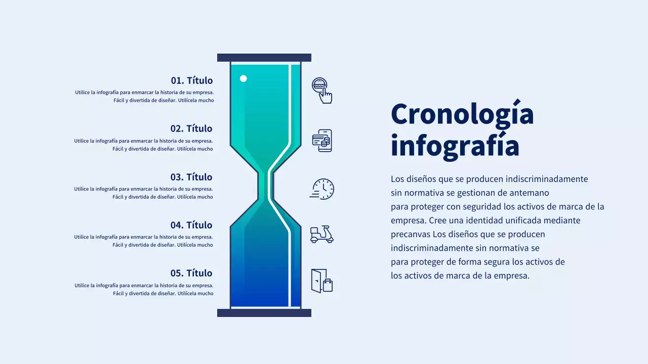 Infografía de un reloj de arena con una línea de tiempo azul y azul claro para la entrega de comida limpia