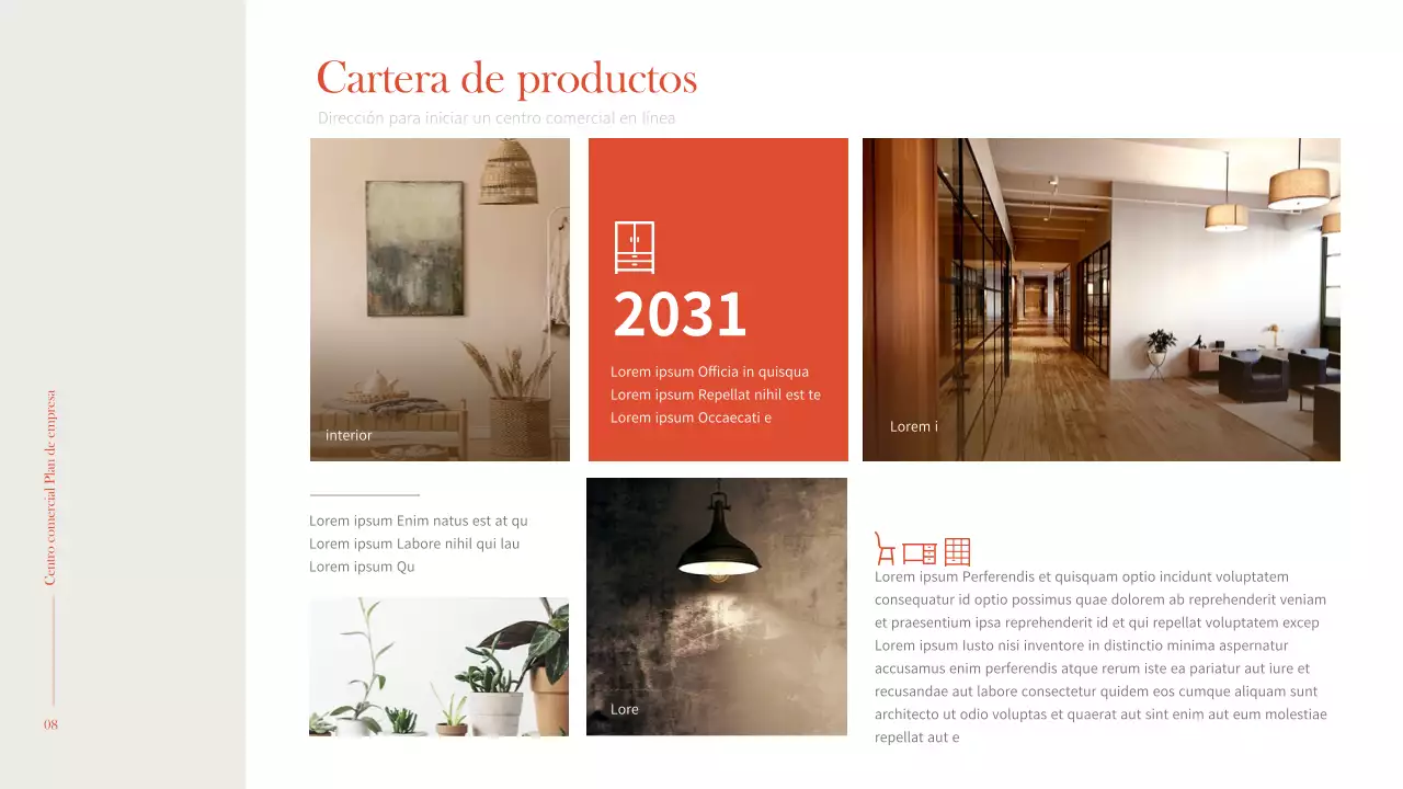 Interior sencillo y cálido en naranja y marrón Plan de negocio de un centro comercial