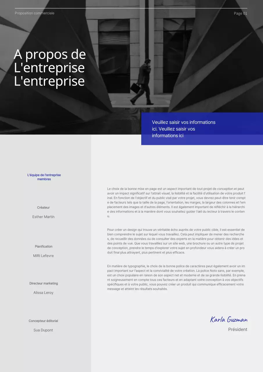 Proposition commerciale avec un concept moderne en bleu et gris