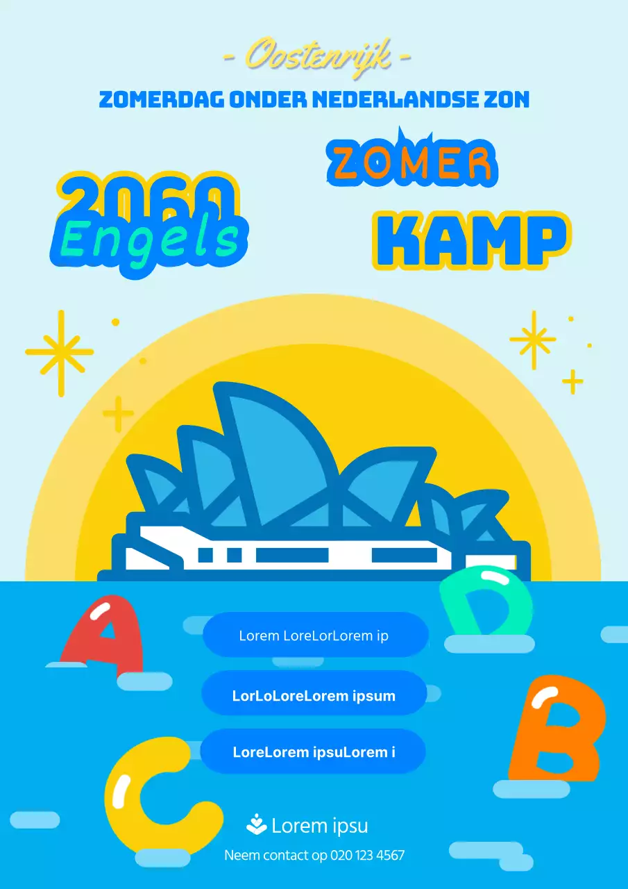 Engelse campingposter met een schattige blauwgele illustratie van Australië