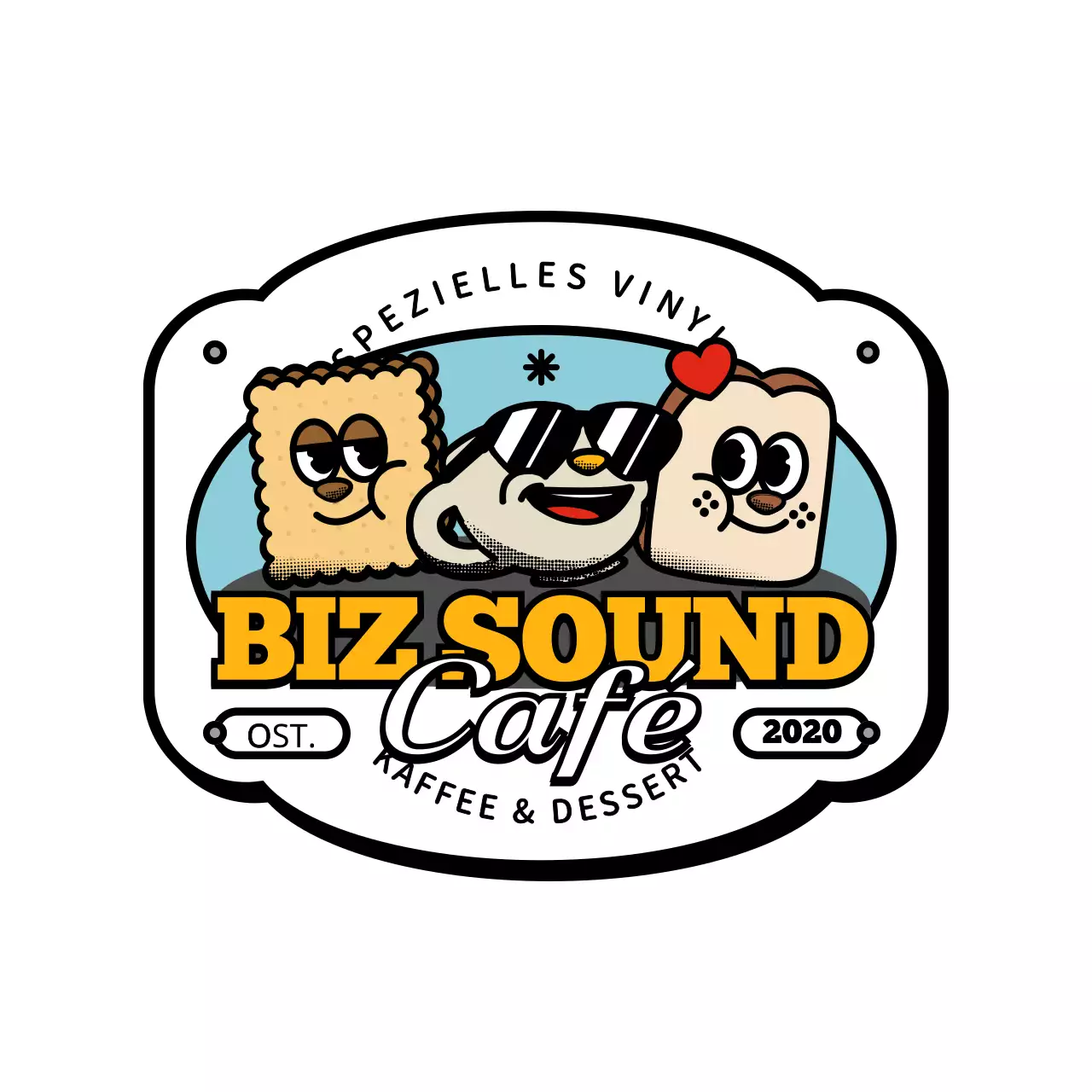 Eine Serie von niedlichen und angesagten Cafe-Artikeln im Logo-Stil in Gelb und Schwarz.