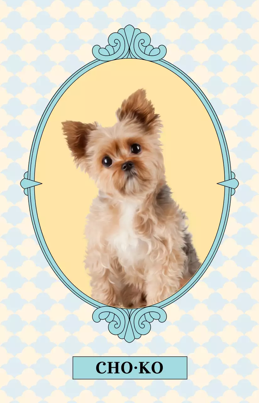 可愛らしい色のペットの写真を入れた円形の高級感のあるアンティーク調のフレーム