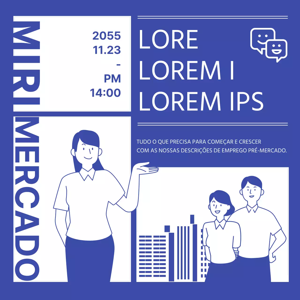 Ilustração com fundo azul para promover feiras de emprego