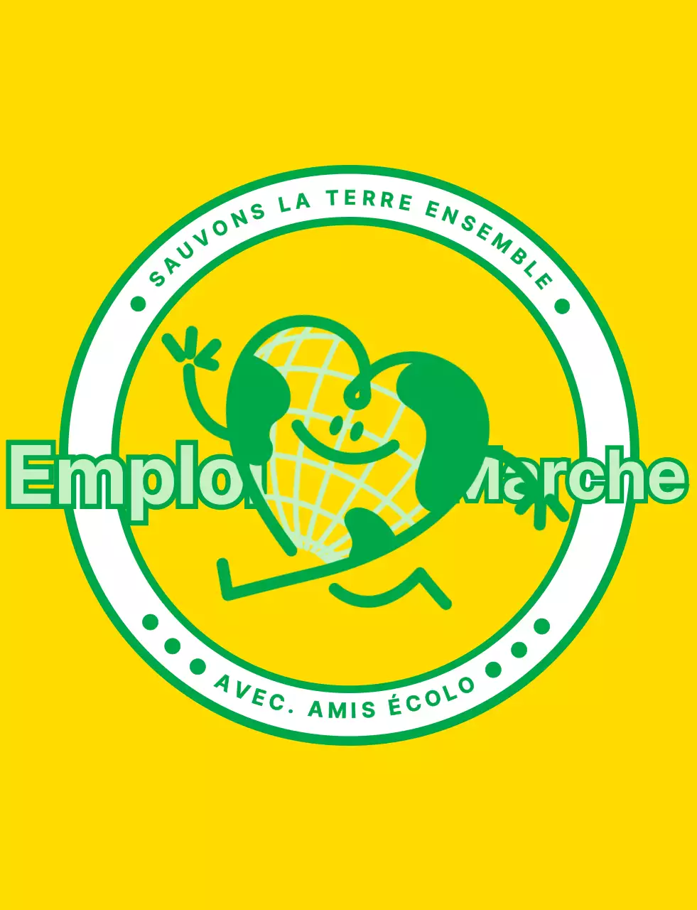 Concept de logo emblématique avec un mignon personnage de la terre en jaune et vert pour une organisation de campagne environnementale mondiale.