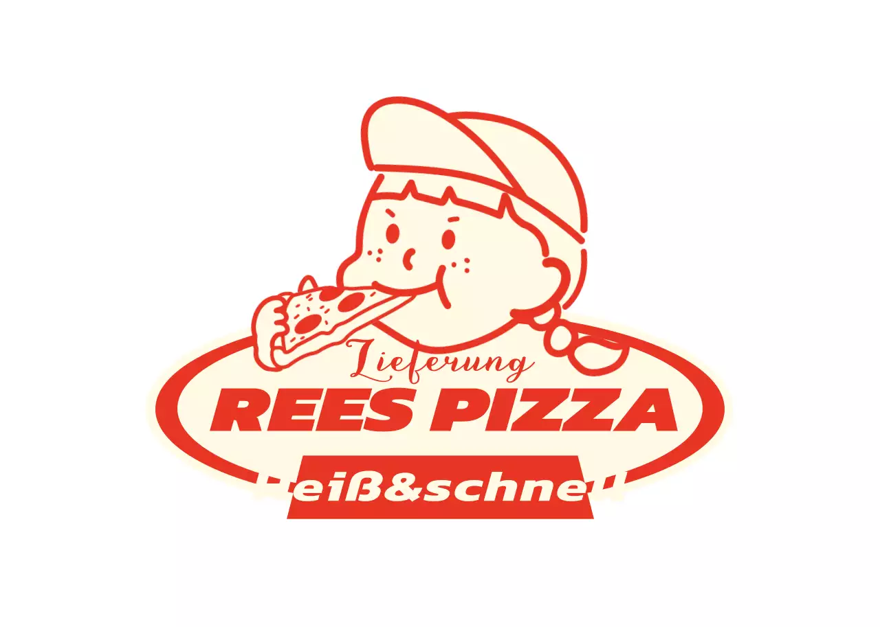 Ein Pizzeria-Logo mit einer niedlichen Illustration in Rot und Gelb