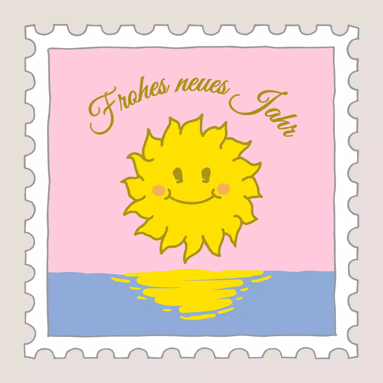Neujahrsmarke mit rosa und gelber Sonnenillustration