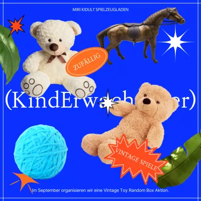 Blaue und orangefarbene Vintage Toy Random Box Event