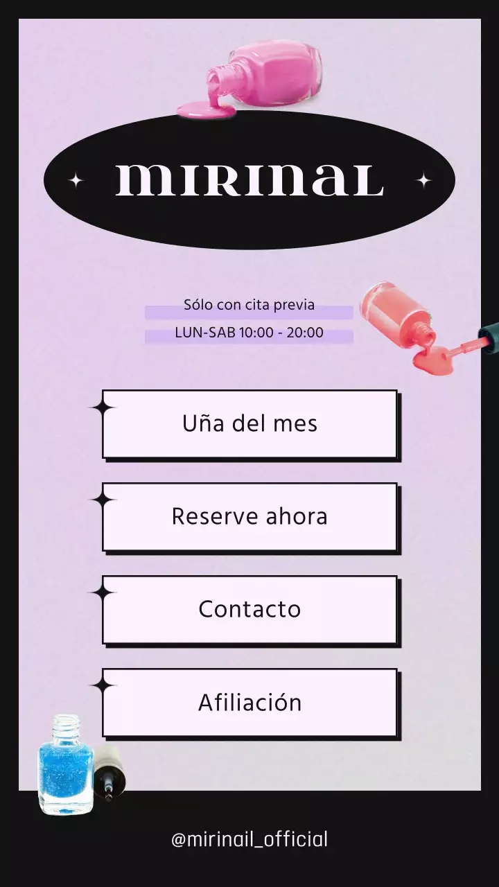 Kitschy negro y morado concepto salón de uñas nota promocional linky