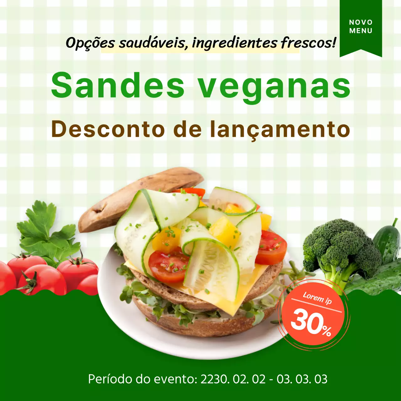 Evento de lançamento de sanduíches veganas Green Fresh com desconto