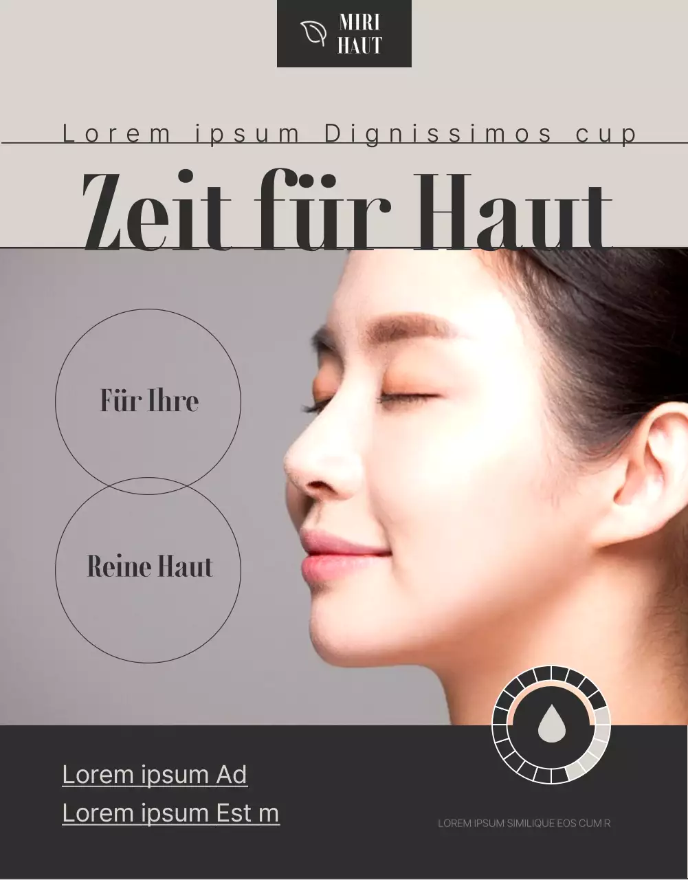 Werbung für dermatologische kosmetische Verfahren in Braun und Schwarz.