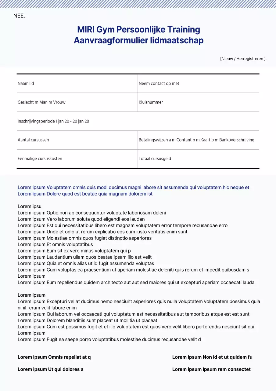 Het aanvraagformulier voor het blauwe fitnesslidmaatschap