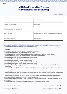 Het aanvraagformulier voor het blauwe fitnesslidmaatschap