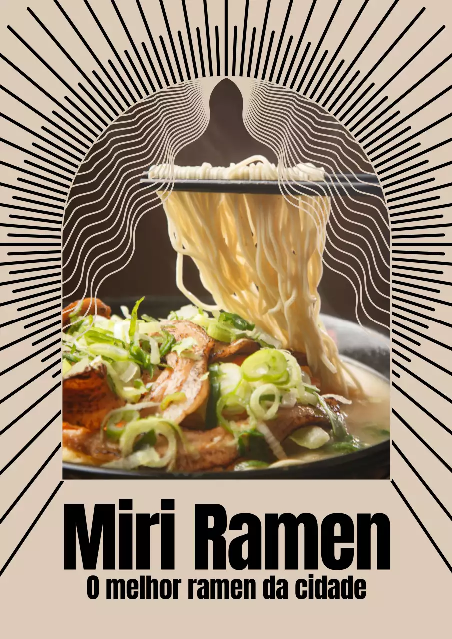Cartaz de restaurante de Ramen com padrões orientais em bege e preto
