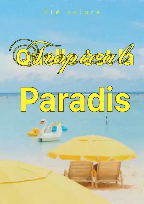 Art frais et lumineux du paradis tropical avec vue sur la mer et texte jaune