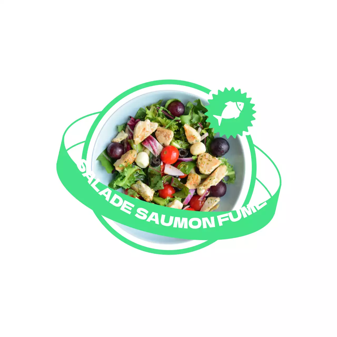 Un menu salade avec un dessin planétaire branché aux couleurs fluorescentes