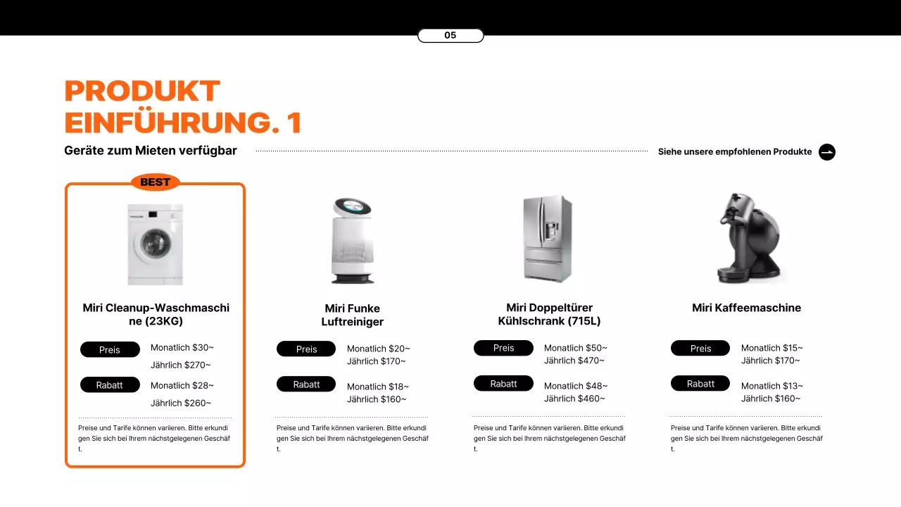 Vorschlag für einen Gerätemietservice mit orangefarbenen Elementen