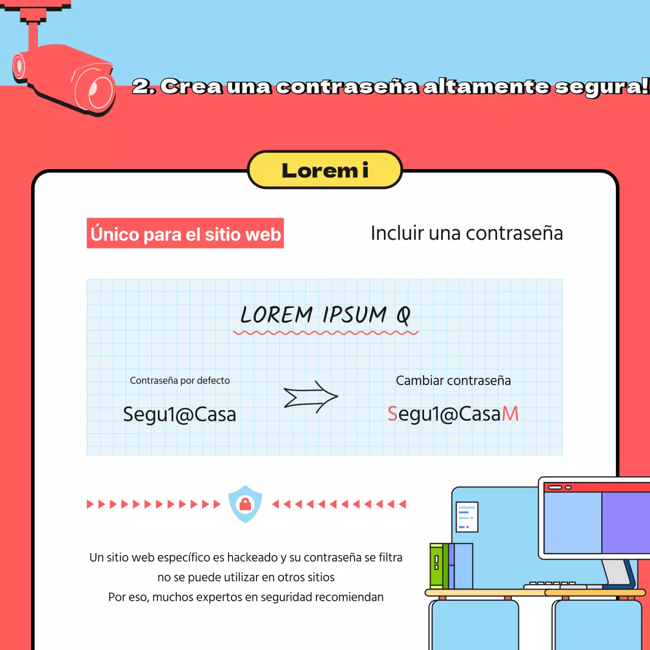 Campaña de seguridad de la información sobre contraseñas seguras con ilustración en rojo y azul claro