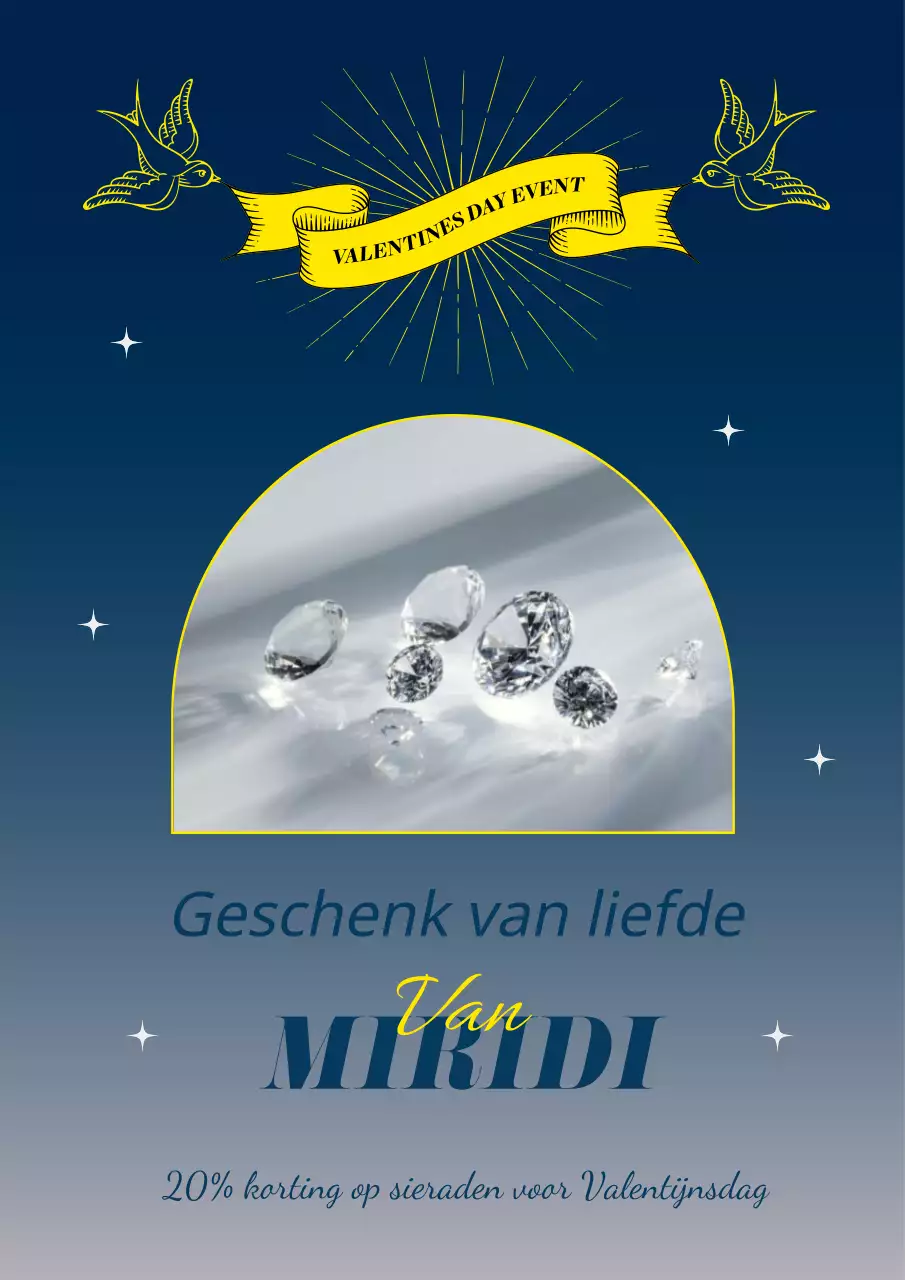 Juwelenposter met een marineblauwe en gele vogel die een lint vasthoudt