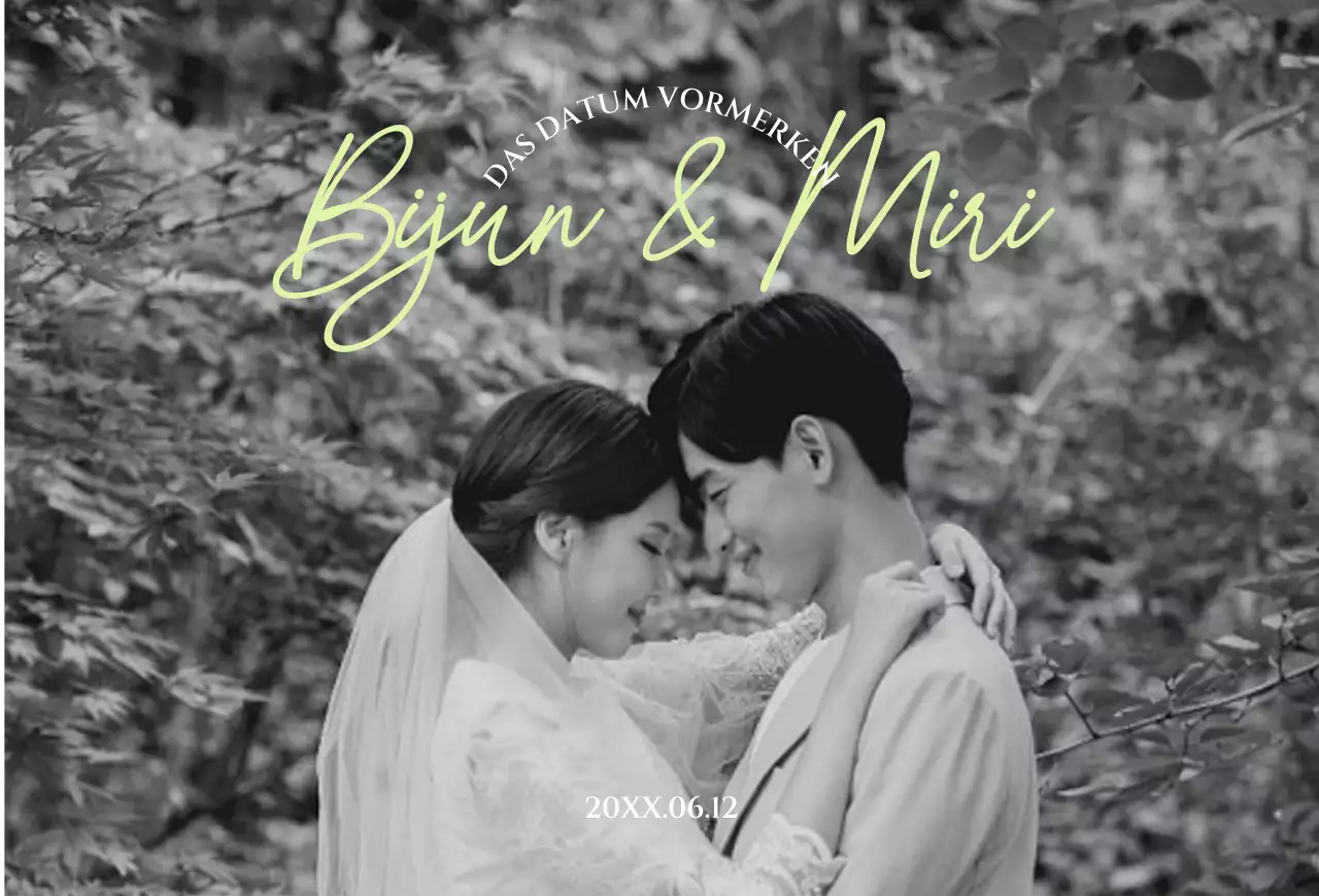 Hochzeitseinladung in Schwarz und Weiß mit grünen Akzenten