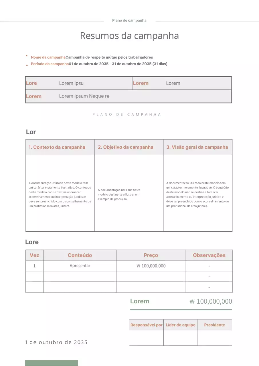 Plano de campanha a verde com formatação tabular a castanho