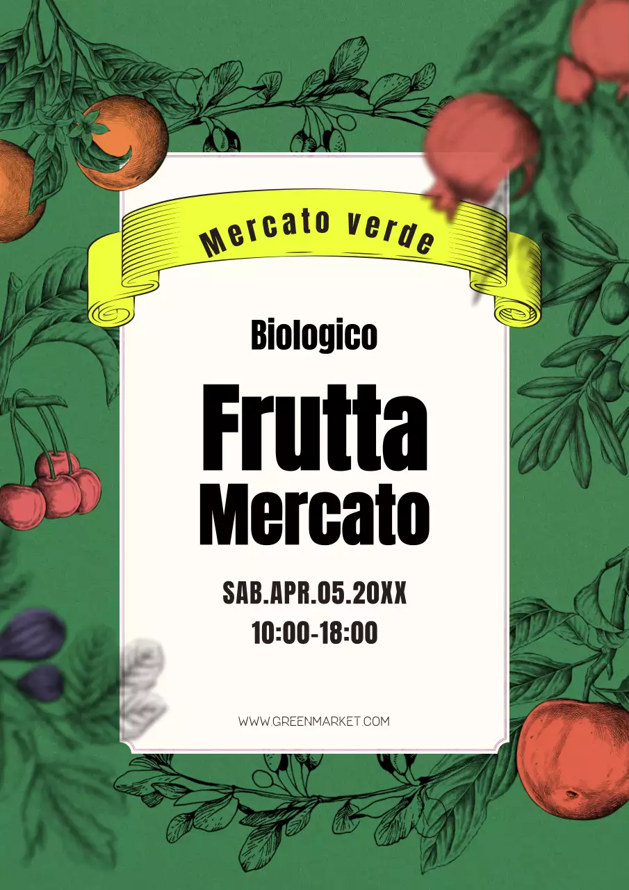 Poster promozionale del mercato agricolo con frutta disegnata a mano su sfondo verde