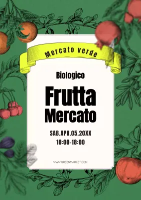 Poster promozionale del mercato agricolo con frutta disegnata a mano su sfondo verde
