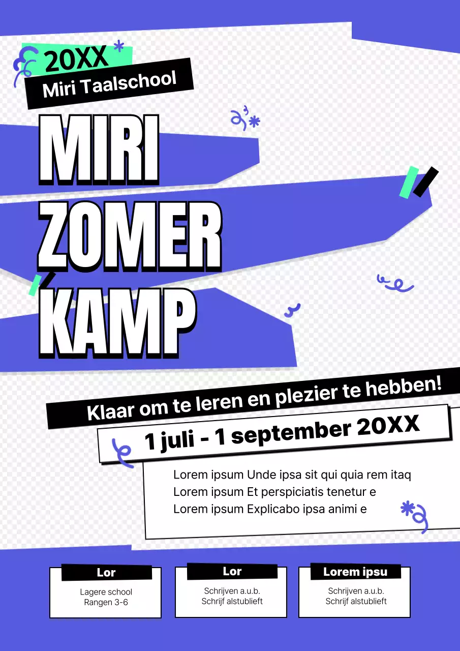 Schoon, sprankelend, geometrisch taalschoolvakantiekamp in blauw en wit, koel en uitnodigend