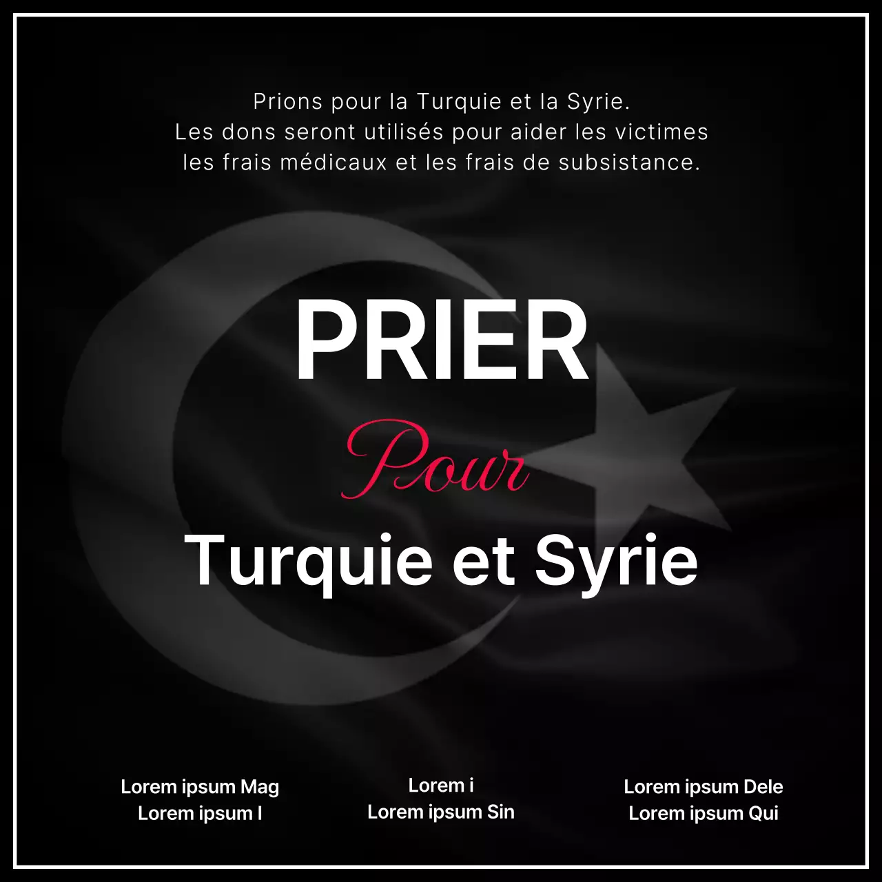 Instructions pour les dons en cas de tremblement de terre avec texte surligné sur fond noir