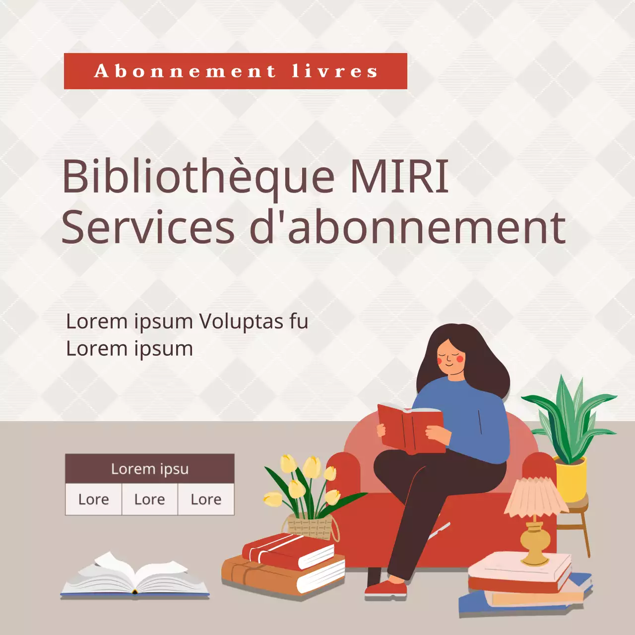 À propos du service d'abonnement à la bibliothèque illustrée beige et rouge