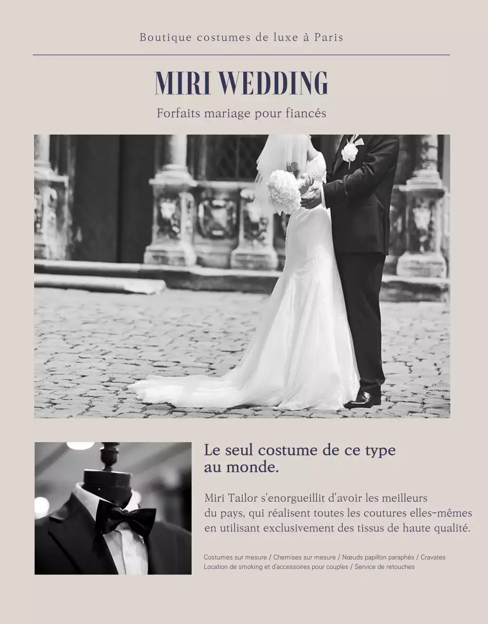 Maître de la tenue de soirée marine et beige, Miri Tailor Formalwear est spécialisé dans la confection et la location de costumes En savoir plus