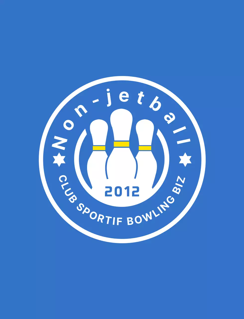 Illustration de bowling et logo emblématique en bleu clair, blanc et jaune pour un club de sport de bowling.