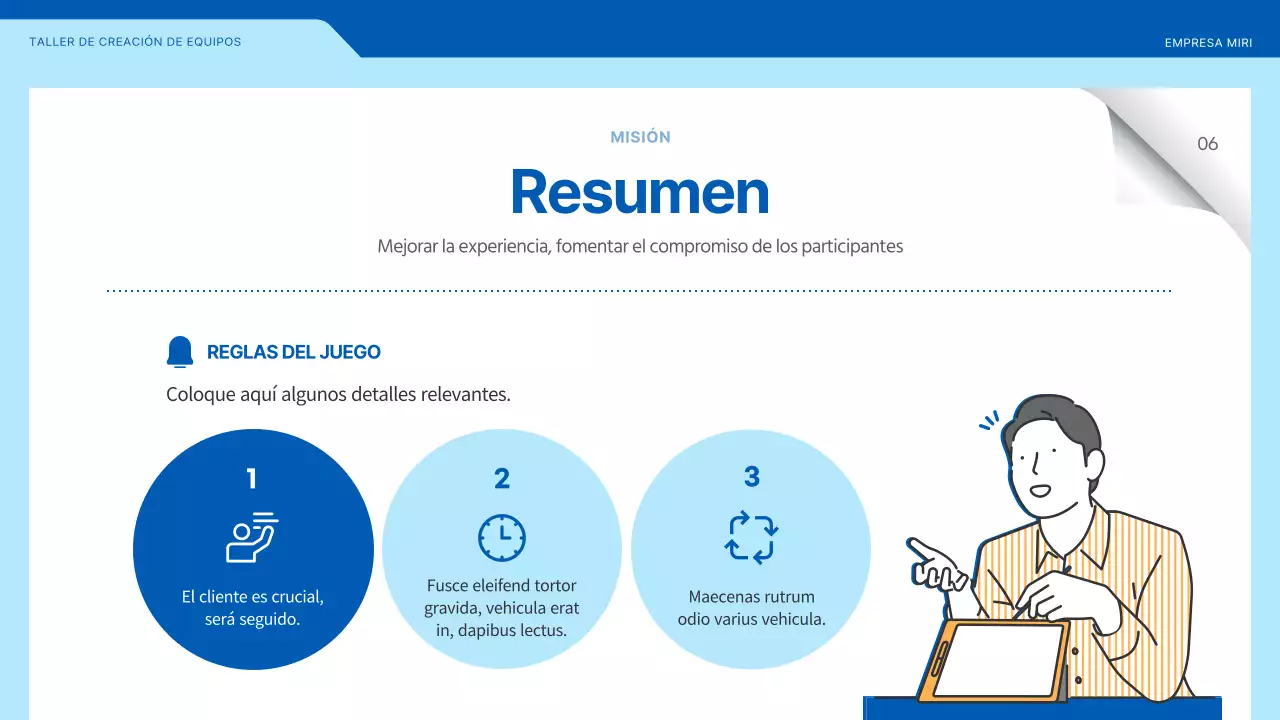 Taller de creación de equipos en el que destacan las ilustraciones en azul y amarillo