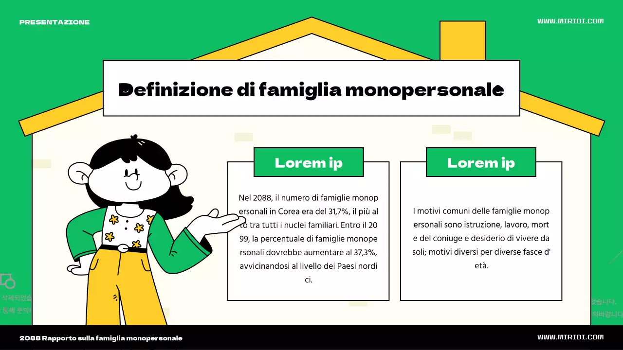 Vi presentiamo il simpatico tema dell'illustrazione della casa verde e gialla per una persona