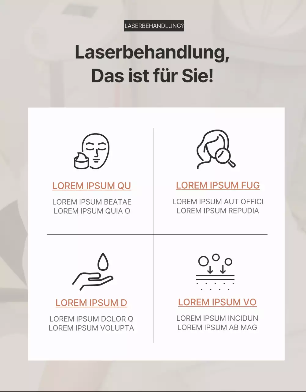 Werbung für dermatologische kosmetische Verfahren in Braun und Schwarz.