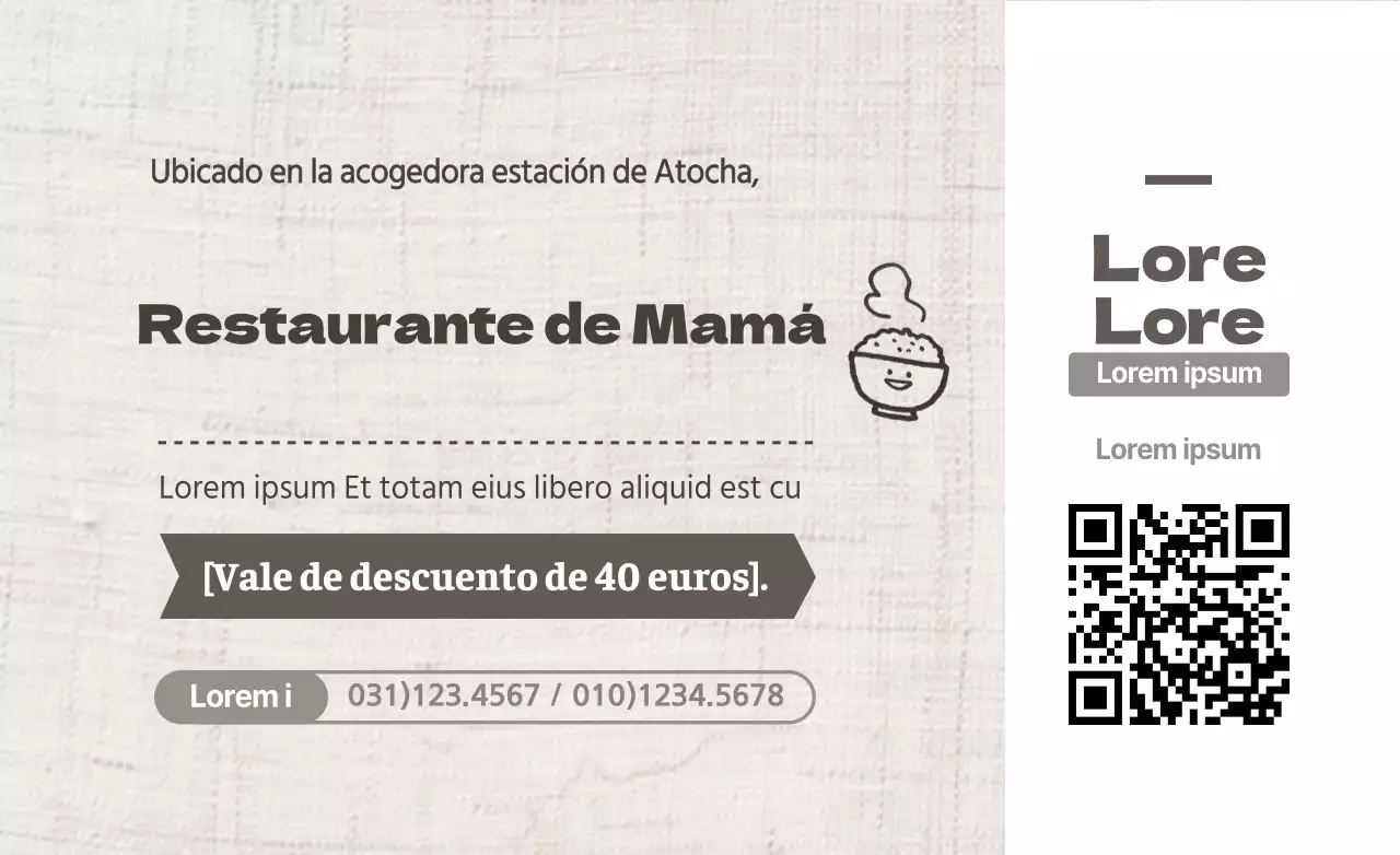 Marrón y blanco, sencillo y limpio concepto de cupón de descuento para la promoción e información de restaurantes