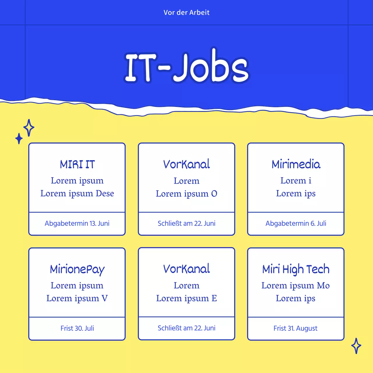 Stellenanzeigen für Unternehmen mit stilvollen, modischen Illustrationen in Blau und Gelb.