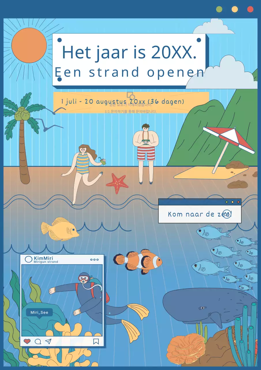 Aankondiging opening strand met blauwe pop-up conceptillustratie van de oceaan