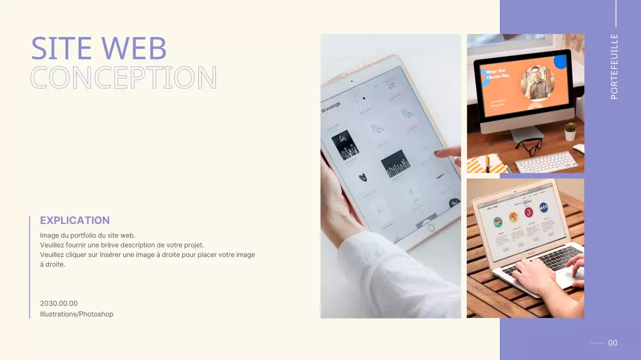 Un portfolio épuré, mauve et beige, pour la préparation à l'emploi d'un étudiant.