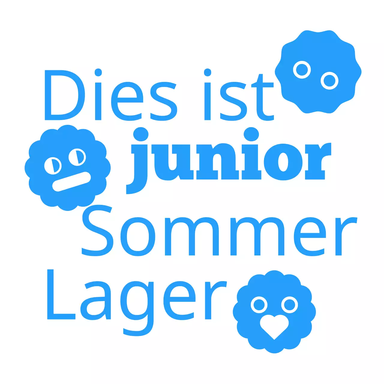 Gruppen-T-Shirt mit einem Kinder-Sommerlager-Konzept mit niedlichen Figuren und Formen in Blau.