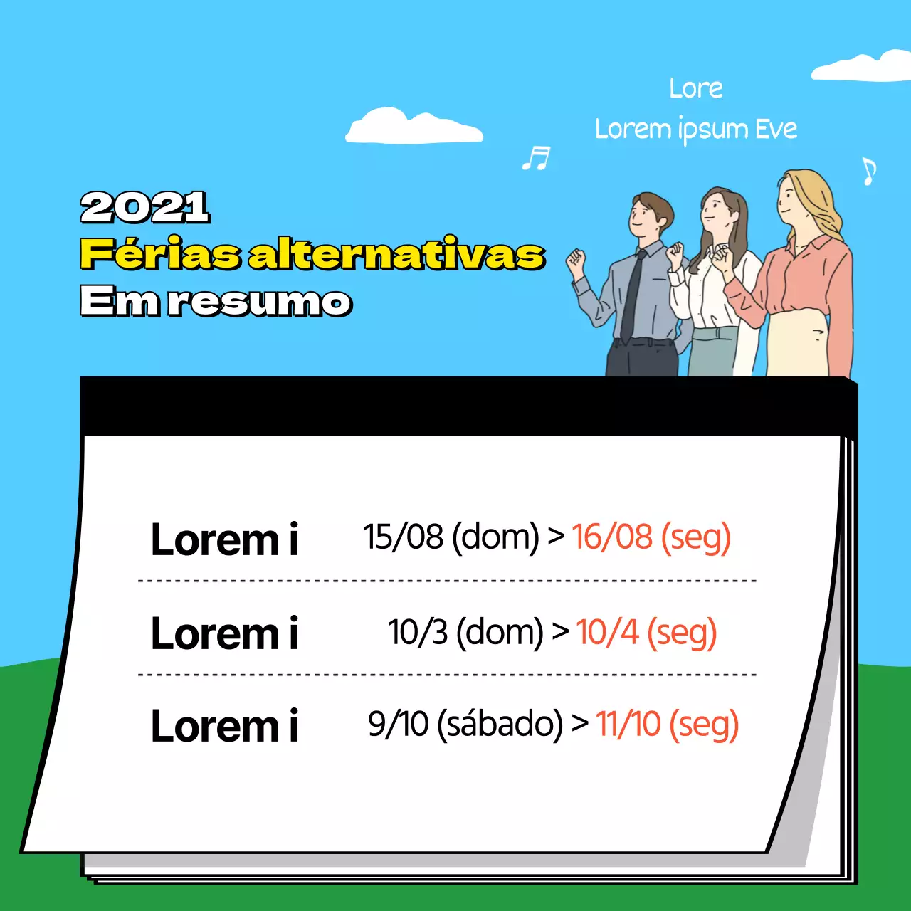 Feriados alternativos num relance com ilustrações em amarelo e preto destacadas no bloco de notas