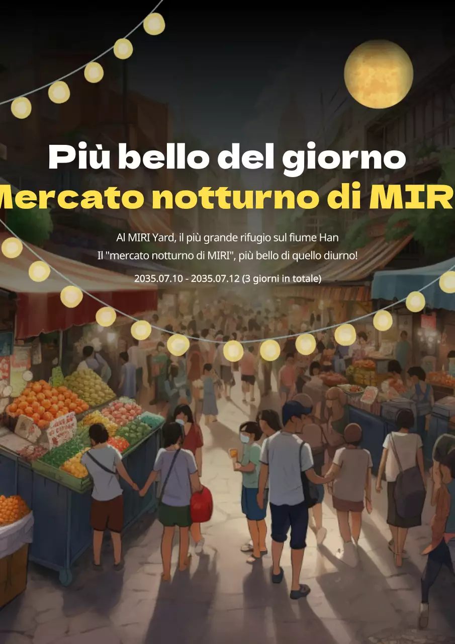 Promuovete i mercati notturni, più belli di quelli diurni, con punti gialli su sfondo nero.