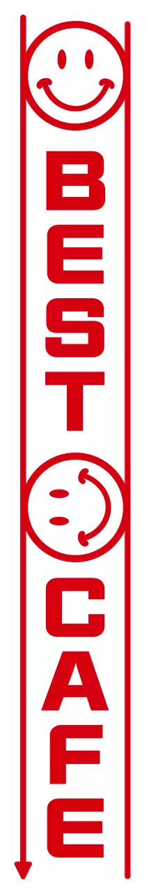 Einfache, saubere Text- und Emoji-Kombination im Stil eines Cafés in Rot