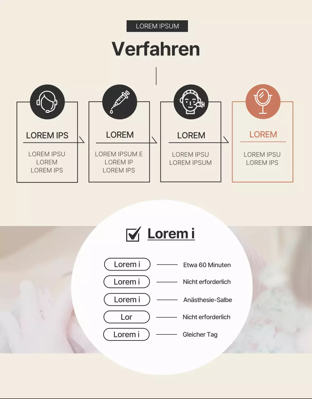 Werbung für dermatologische kosmetische Verfahren in Braun und Schwarz.