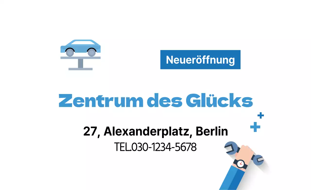 Einfaches, sauberes Textlayout in Hellblau und Marineblau Ankündigung der Eröffnung von Casenta